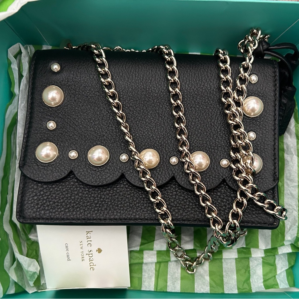 Kate Spade Black Crossbody Bag with Chain and Pearl Details